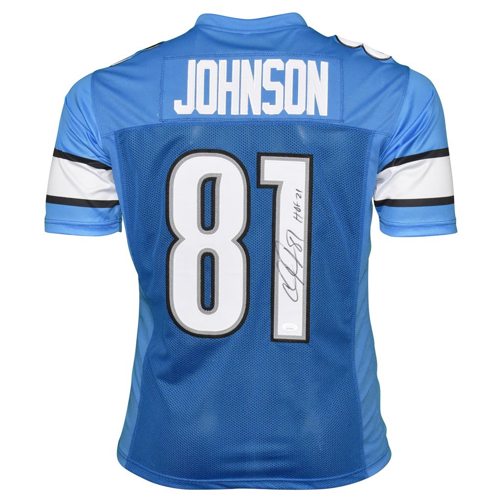 Autographed/Signed Calvin Johnson HOF 21 Detroit Blue Football Jersey JSA  COA at 's Sports Collectibles Store