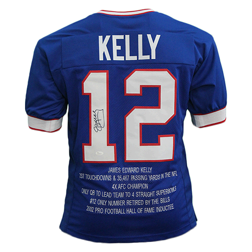 Jim Kelly Autographed Buffalo Bills Football STAT NFL Jersey JSA – Meltzer  Sports